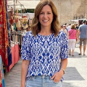 Chicos Size 3 XL Blue White Ikat Print Puff Sleeve Top Shirt Cotton Blend Boho